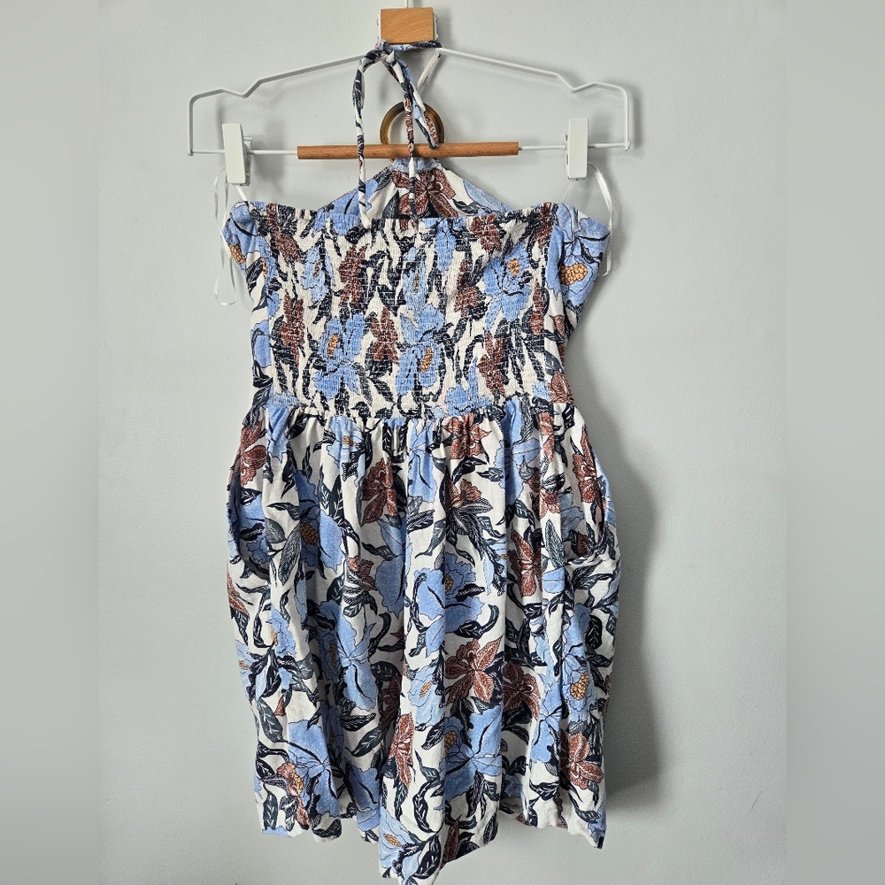 OLD NAVY Floral Halter Neck Blue Brown And White Linen Blend Romper - Picture 9 of 16
